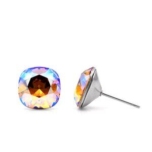 10mm Iridescent Swarovski Studs | Cushion Cut Crystal Earrings | Hypoallergenic